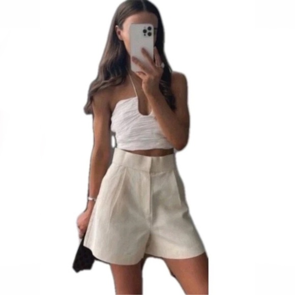 Zara Pleated High Rise Linen Blend Short Size M - Picture 1 of 11